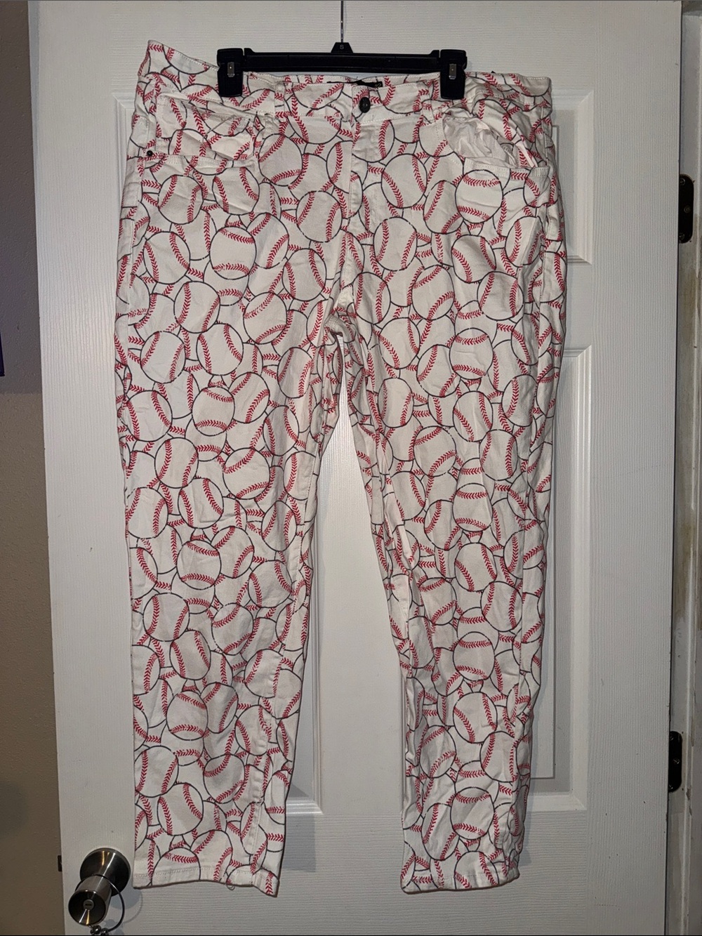 L&B Women's Skinny Baseball Print Jeans - White & Red